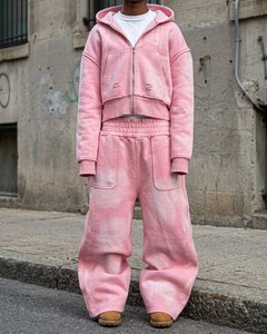 Ensemble jogging et sweat à capuche tendance pour homme, coupe courte zippée, en coton délavé et vieilli, style streetwear - Product Image 2