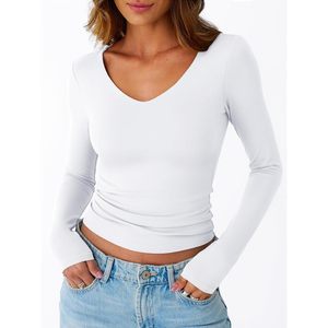 Top corto ajustado de otoño 2025 2025 para mujer, camisa de manga larga con cuello en V de doble forro para mujer, mono básico para salir - Product Image 5