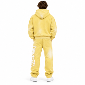Men’s <b>Yellow</b> Garment Dyed Graphic Zip Up <b>Hoodie</b> Wide Leg Jogger Set Premium Streetwear Tracksuit - Product Image 3