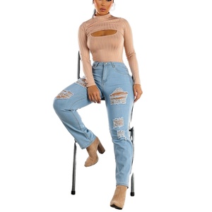 Directo Bangladesh, pantalón vaquero de alta calidad para mujer, botón informal, cintura alta, diseño rasgado, talla grande, bolsillo de carga para mujer de verano - Product Image 4