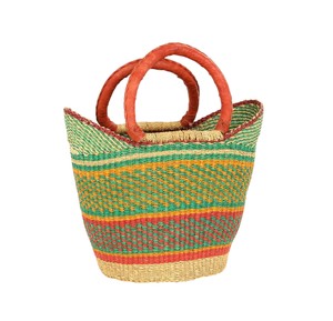 Unique Handmade Swallow Tail Straw Bag Green Orange <b>Red</b> Stripe Brown Leather Handle Natural Seagrass Tote Beach <b>Purse</b> Trendy - Product Image 1