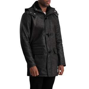 Men's Black Genuine Leather Parka Overcoat Stand Collar Zipper Long <b>Coat</b> <b>With</b> Rivets - Product Image 4