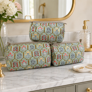 Luxury Mint Botanical 3 Piece Makeup Pouch Set Quilted Cotton Cosmetic Bags for Women Travel Vanity <b>Toiletry</b> <b>Storage</b> Organizer - Product Image 1