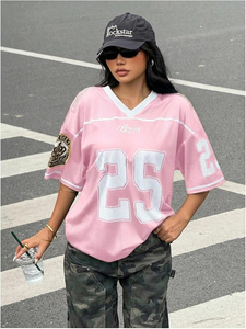Women V Neck Mesh T-Shirt Short Sleeve Leopard Print Number 25 Breathable Sporty Style Spring Summer Wear - Product Image 4