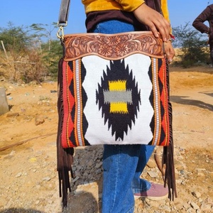 Western Stylish Saddled <b>Blanket</b> Handbag Handcrafted Tooled Strap Aztec Leather Sling Bag Vintage Multi Color Top Handle Bag - Product Image 3