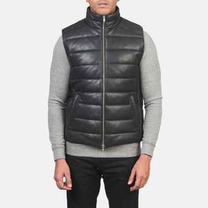 Men's Black Genuine Leather Tanned <b>Quilted</b> Vest Stand Collar <b>Single</b> Button Closure Winter Casual Jacket Slim Fit - Product Image 1