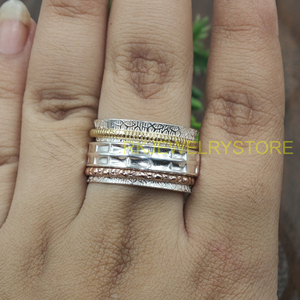 Multi Layer <b>Spinner</b> <b>Ring</b> Silver Brass Copper Mixed Metal Meditation Band Textured Pattern Handmade Unisex Anxiety <b>Ring</b> for Women - Product Image 2