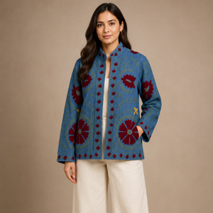 Veste en coton Suzani indienne faite à la main, veste courte brodée à la main, manteau unisexe, veste courte Suzani faite à la main - Product Image 1
