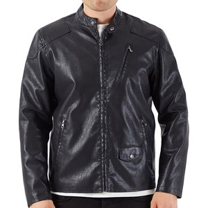 Blouson Moto Décontracté en PU pour Homme, Col Montant, Fermeture Éclair, Coupe Droite, Noir Uni, Vêtement d'Hiver Teint - Product Image 1