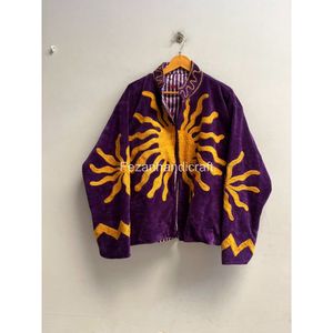 Veste en velours violet brodée, manches longues, col montant, motif géométrique fait main, vêtements d'hiver pour femmes, cadeaux - Product Image 1