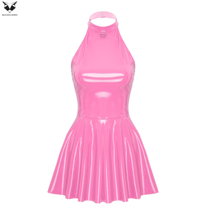 Nouvelle Robe Tendance Personnalisée pour Femme en Cuir PU Rose, Col Halter, Sans Manches, Taille Naturelle, Plissée, Coupe A-Line, Mini-jupe – Excellent Fournisseur - Product Image 3