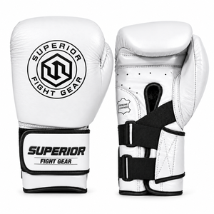 Gants de boxe Superior Fight Gear en cuir véritable blanc, avec sangle de poignet réglable, fermeture à lacets, imperméables et respirants - Product Image 1