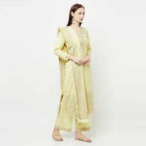 ผ้าชุดเดรส Safaa สำหรับผู้หญิง ผ้าฝ้ายลายเลมอน ทอแบบ Chikankari แบบยังไม่เย็บ พร้อมผ้าคลุมไหล่ - Product Image 3