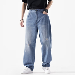 กางเกงยีนส์ทรงแบ็กกี้ผ้าเดนิมคุณภาพสูง 100% คอตตอน 14 ออนซ์ สำหรับผู้ชาย รับผลิตแบบ OEM ตกแต่งด้วยผ้าปะติด ล้างสีแบบแอซิด ทรงตรงหลวม สไตล์ฮิปฮอป สำหรับฤดูใบไม้ร่วง - Product Image 1