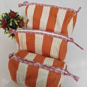 Sacs à maquillage en coton durable à rayures orange et motifs floraux imprimés, pochettes indiennes, trousse de toilette de voyage, organiseur de cosmétiques - Product Image 6