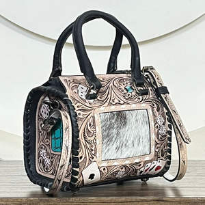 Sacs Mini Speedy en Cuir de Vachette Repoussé Style Boutique, Motif Cartes à Jouer Western, Sac Bandoulière de Voyage pour Femme, Vente en Gros - Product Image 4