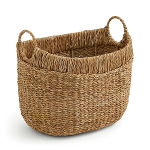 Round Utility <b>Basket</b> With Handles Woven Seagrass Rustic Style Multi Purpose Organizing Bin Vietnam Manufacturer - Product Image 1