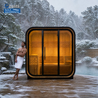Cabine de sauna en pin thermo traité, prête pour la neige, avec toit à silhouette d'angle arrondi résistant aux charges de neige, pour jardin nordique et spa à eau chaude