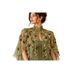 Robe de soirée vert modeste avec cape perlée pour femme, col montant, en organza transparent orné de fleurs, style traditionnel pour femme musulmane - Product Image 1