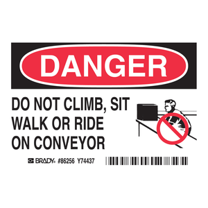 Étiquettes de sécurité pour convoyeurs Brady DANGER, autocollantes, PVC, 3,5 x 5 pouces, finition mate durable pour les zones de travail industrielles - Product Image 1