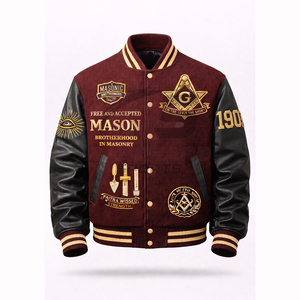 Veste universitaire personnalisée d'inspiration maçonnique – Corps en laine de qualité supérieure avec manches en cuir PU et symboles brodés - Product Image 1