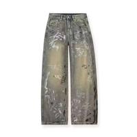 Vaqueros de mezclilla vintage para hombre, estilo hip hop urbano, personalizados, con grafiti pintado a mano, bordados y remaches, 100% algodón, lavado a la piedra, para fiesta