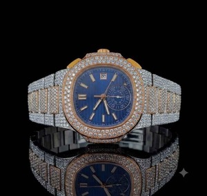 Montre chronographe mécanique de luxe pour hommes, cadran bleu de 43mm, lunette en diamant, bracelet en acier inoxydable, fermoir pliant - Product Image 1