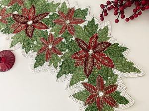 Handmade Christmas Table Runner: Beaded Poinsettia Floral Decor (13x36 inch) - Product Image 1