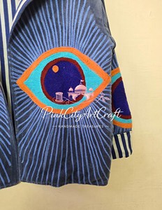 Veste matelassée en velours de haute qualité faite à la main pour femmes, bleu indigo, style bohème, manteau d'hiver, col rayé, broderie, cardigan ouvert sur le devant - Product Image 2