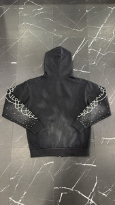 Streetwear Heavy Cotton Vintage Washed Rhinestone Screen Print <b>Zip</b> up Hoodie and Flared Baggy Drawstring Sweatpants Sets - Product Image 5