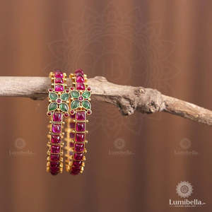 24K Gold Plated <b>Copper</b> Flower <b>Bangles</b> with Pearl and Diamond Accents - Product Image 2
