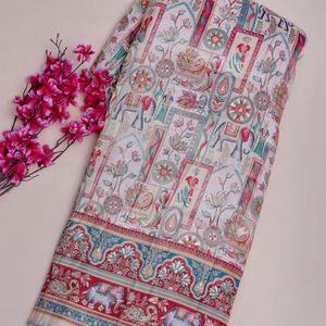 Printed Brocade Fabric Scarf Women Lightweight <b>Silk</b> Cotton Jacquard Woven Sheer Home Textile Shawl Ivory Cream Base Color - Product Image 1