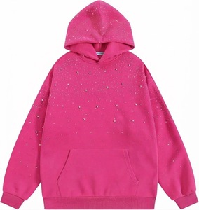 เสื้อฮู้ดผู้ชายสีชมพูประดับเพชรเทียม ทรงโอเวอร์ไซส์ ซิปหน้า ผ้าคอตตอนเทอร์รี่ 100% สไตล์สตรีทแวร์ - Product Image 3