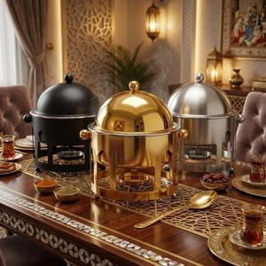 Plat de service rond de luxe en acier inoxydable pour buffet, chauffe-plats pour le Ramadan et les événements, noir mat et argenté - Product Image 1