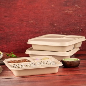Plateau repas 3 compartiments en pulpe moulée jetable, de qualité supérieure, avec couvercle, en bagasse, Oceanic Global, pour usage commercial alimentaire - Product Image 4