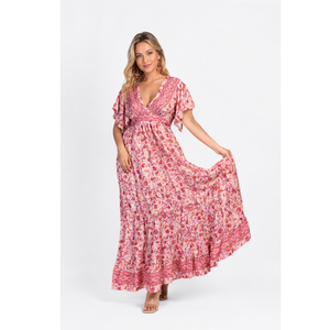 Bohemian V Neck Silk Maxi <b>Dress</b> for Women Short Flared Sleeve with Front Slit Fancy Maxi <b>Dress</b> for Beach Party Wear Bulk Export - Product Image 5