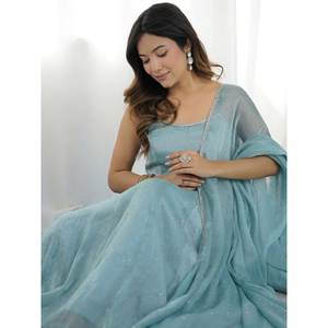 Robe Anarkali longue jusqu'aux chevilles avec dupatta, taille XL, taille empire, silhouette en A, pour les occasions de fête - Fabriquée en tissu organza - Product Image 4