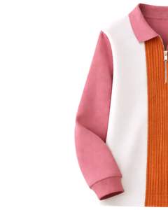 Sudadera personalizada para mujer con cremallera de un cuarto, bloques de color rosa y naranja, paneles acanalados, forro polar, estilo casual, cálida para invierno, top de ropa urbana. - Product Image 3