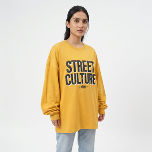 T-shirts imprimés à manches longues pour femmes, décontractés, 100% coton, streetwear, col rond, épaules tombantes, surdimensionnés, poids lourd 280 GSM - Product Image 6