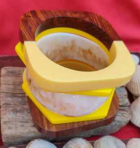 Handmade Eco Friendly <b>Resin</b> Jewelry <b>Sculpture</b> Round with Yellow and Wood Accents for Collectible Display Christmas New Year - Product Image 4