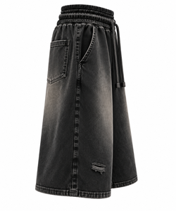Oversized Double Waist Acid Wash French Terry <b>3</b>/<b>4</b> Sweat <b>Shorts</b> Black Sunfade Streetwear Ganymede International - Product Image 3