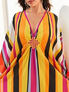 V Neck Maxi Abaya Dress Long Sleeve Loose Fit Geometric Pattern Polyester Women's Beach Bohemia Style Summer Modest Wear - Product Image 3