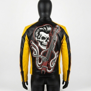 <b>Yellow</b> Distressed Quarantine Zone Zombie Outbreak Biker Leather Jacket Danger Caution Graphic Men Outerwear <b>Coat</b> - Product Image 2