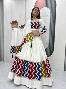 Conjunto Tradicional de Lehenga Choli de Algodón con Estampado en Zigzag y Adornos de Espejo para Mujeres, para Bodas y Fiestas en India y Pakistán - Product Image 5