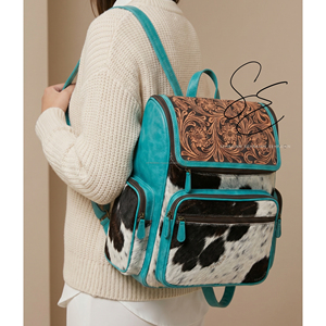 Turquoise <b>Leather</b> Jumbo Diaper Bag Real Tooled <b>Leather</b> Hair On Hide <b>Backpack</b> Western Cowhide <b>Large</b> Zipper <b>Backpack</b> Mother's Bag - Product Image 3