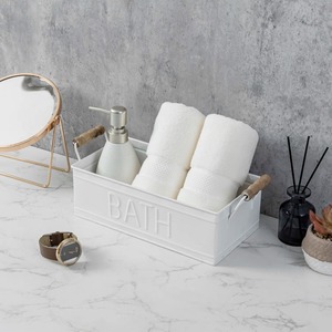 Plateau de salle de bain en métal blanc style ferme avec poignées en bois pour papier toilette et accessoires de salle de bain - Product Image 6