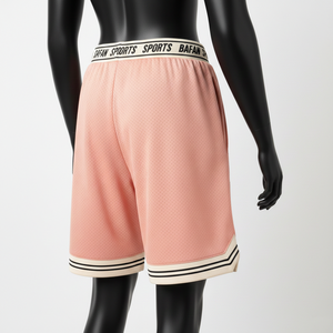 Shorts de baloncesto para mujer, premium, transpirables, de malla de poliéster, cintura elástica color melocotón, con logo bordado aplicado. - Product Image 5
