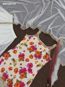 Designer Chinon Silk with Digital Floral Print-Embroidered Cording Sequence Border Short <b>Kurti</b>-Flared Plazzo Set Indian Exporter - Product Image 4