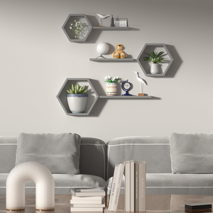 Étagères murales hexagonales grises modernes avec panneaux flottants, étagères murales décoratives géométriques en bois pour le salon - Product Image 4