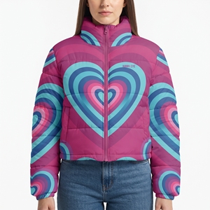 Women's Heart Print Waist <b>Belt</b> Puffer Jacket Hooded Quilted Winter Warm Sublimation Design Warm Padded Outdoor Fashion Casual - Product Image 1